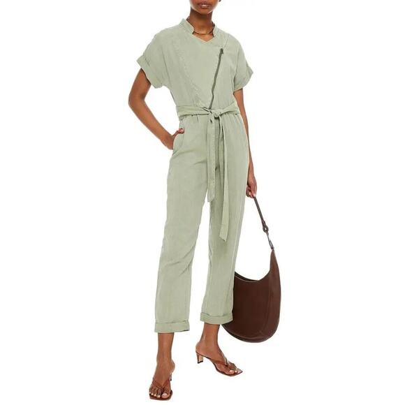 Alice + Olivia Leonarda Jumpsuit Cropped Belted Linen Blend Light Green Size 6 - Picture 1 of 7